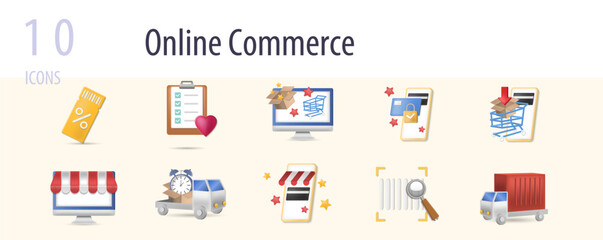 Online commerce set. Creative icons: coupon, wishlist, online shop, secure payment, buy online, online marketplace, delivery, market app, tracking code, cargo.