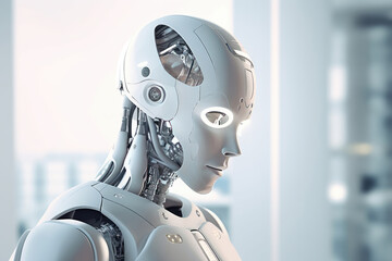 Stylish handsome white cyborg head, robot in modern white room interior. Futuristic man. Generative AI