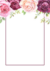 Pink roses frame watercolor illustration on a white background. Wedding invitation card