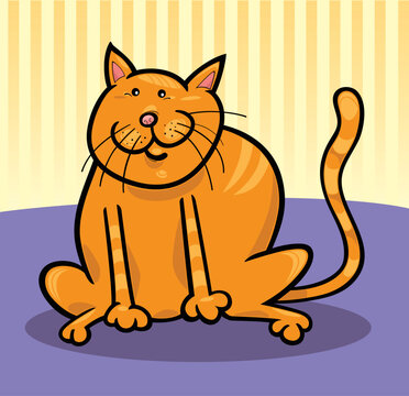cartoon illustration of funny yellow cat sitting on the floor