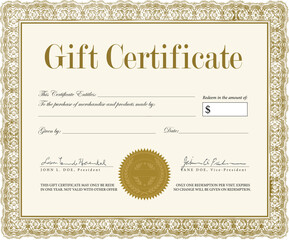 Vector Ornate Gift Certificate. Easy to edit. Great for ornate certificates, diplomas, and awards.