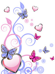 vector illustration of pink hearts and colorful butterflies on a floral background