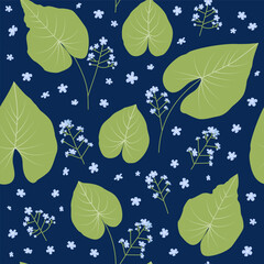 Floral seamless pattern. Botanical print with blue flowers and green leaves on navy background