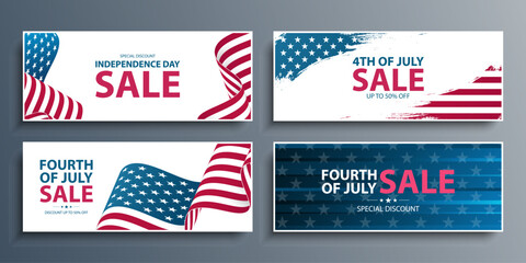 United States Independence Day commercial banners with American national flag background. Fourth of July Sale Set. USA national holiday sales promotion. Vector illustration.