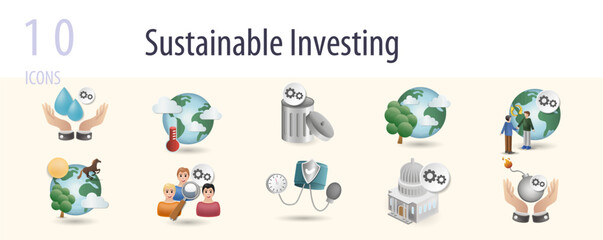 Sustainable investing set. Creative icons: water efficiency, climate stability, waste management, natural resource, social management, biodiversity, human capital management, health and safety