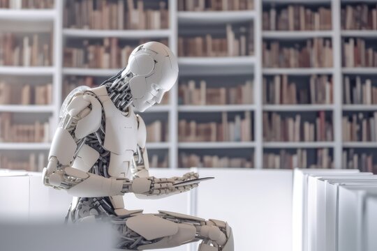 Humanoid robot reads books, works on laptop in modern library. Generative AI