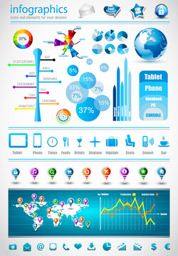 Premium infographics master collection: graphs, histograms, arrows, chart, 3D globe, icons and a lot of related design elements.