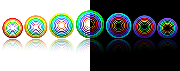 Rainbow rings  with reflection on white and black, vector illustration, eps10, 3 layers