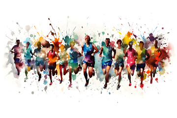 Watercolor design of many marathon runner - Generative AI - obrazy, fototapety, plakaty