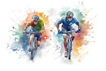 Watercolor design of two cycling competitors racing - Generative AI