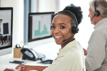 Black woman, call center and portrait with consultation and smile in a office with contact us work....