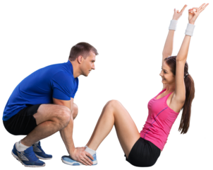 Happy caucasian couple man woman personal trainer exercising