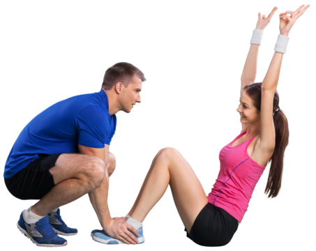 Happy caucasian couple man woman personal trainer exercising