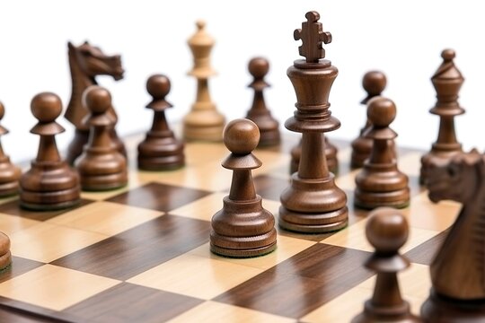 Schachspiel isoliert auf weißem Hintergrund, hölzernes Schachbrett und Schachfiguren auf einem Brett, Generiert mit KI  
