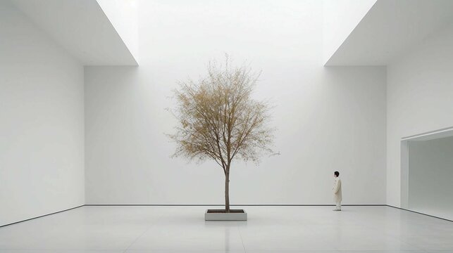 A Man Standing Alone in a Large Vacant White Room With a Tree With Bare Branches Generative AI