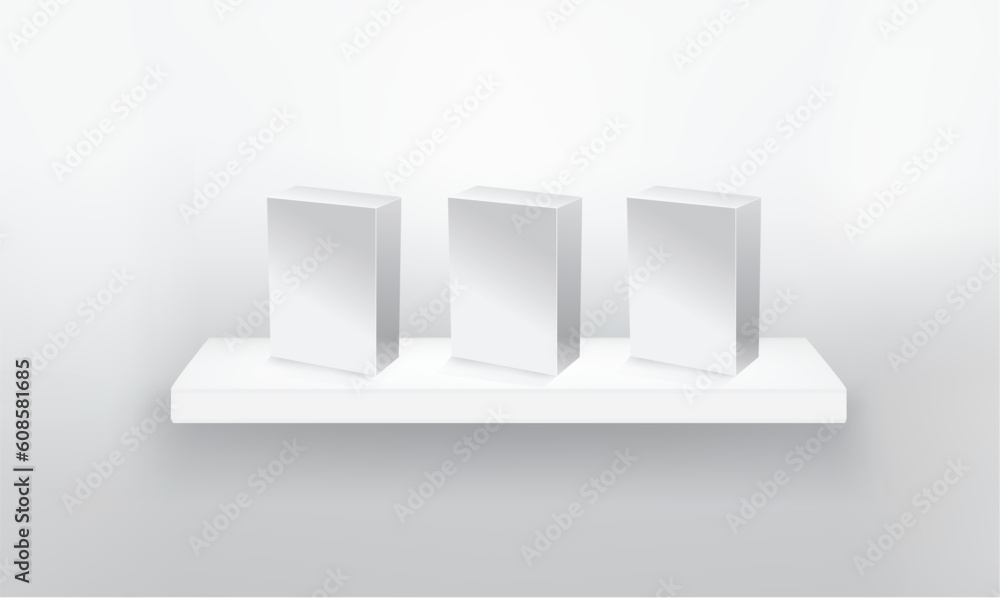 Poster empty shelf for exhibit with three box. vector illustration.