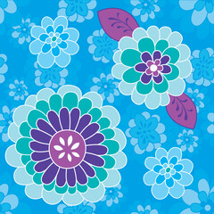 Fototapeta na wymiar Funny small and large floral on blue background. Vintage inspired blue, green and purple flowers. Ideal for fabric | Vector illustration