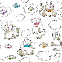 Dreaming cats and fish and clouds | Vector illustration