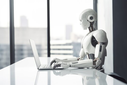 Humanoid robot works on laptop in modern office. Generative AI. Banner