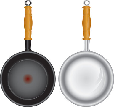 Steel and Teflon pans with a wooden handle. Vector illustration.
