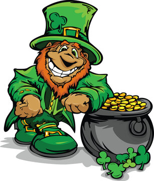 Happy Cartoon Leprechaun on St Patricks Day Holiday Leaning of  a Pot of Gold Vector Illustration