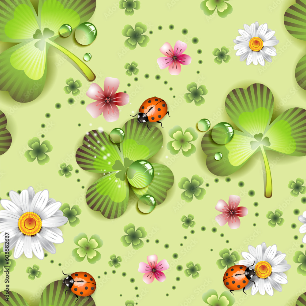 Poster seamless pattern with clover and flowers for st. patrick's day