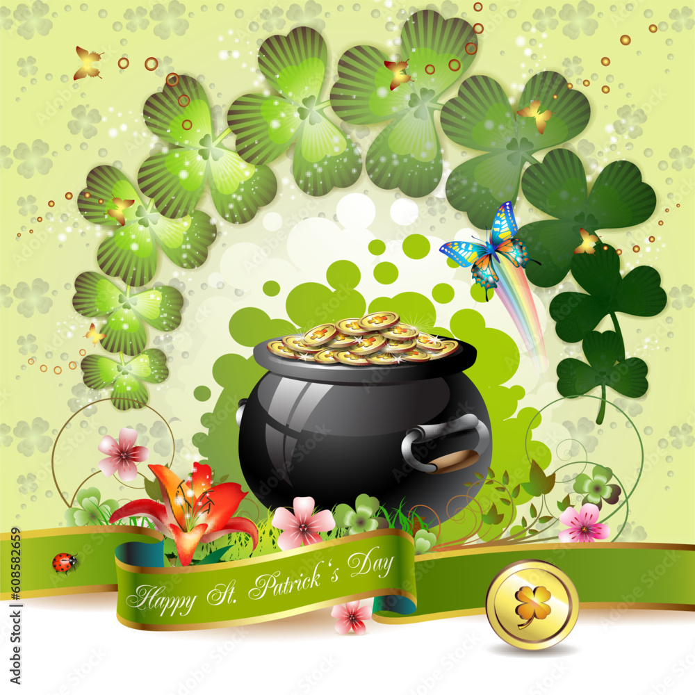 Poster st. patrick's day card design with clover and coins
