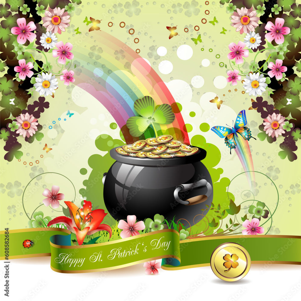 Poster st. patrick's day card design with clover and coins