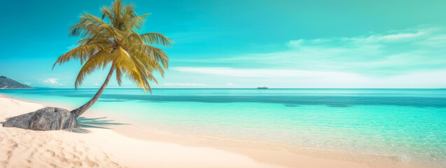 Fototapeta na wymiar Panoramic image of a tropical beach with one palm tree on the seashore. Turquoise ocean wave, sunny day with white clouds, golden sand, rest, vacation, travel, paradise nature. Generative AI.