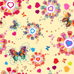 Fototapeta na wymiar Seamless pattern with hearts and butterflies for Valentine's day