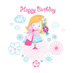 bright greeting card with a funny little girl in floral background