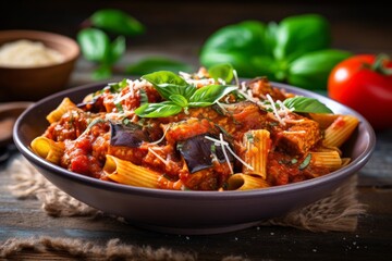 Fototapeta premium Pasta with meat tomato sauce and vegetables. Generative AI