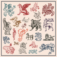 vector set of heraldic beasts isolated on light background