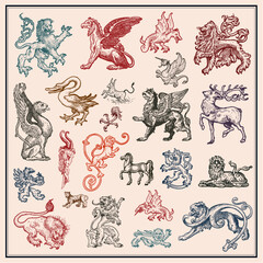 Obraz premium vector set of heraldic beasts isolated on light background