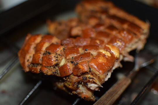 Traditional Norwegian Christmas dish ribbe made from pork ribs