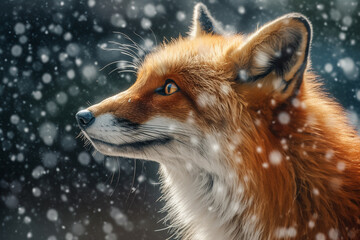 A fox in the snow with snow falling on it. Generative AI