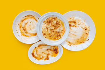 Dirty dishes on yellow background. Top view