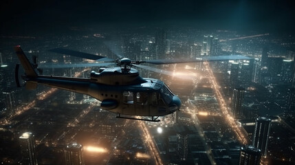 A helicopter flies over a city at night.generative ai