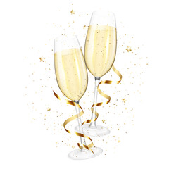Set of Transparent realistic wine glasses of champagne, isolated on white background.