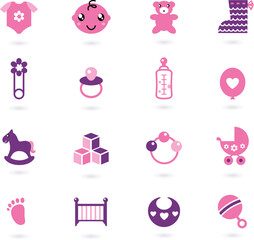 Icons cloth and accessories set for baby girl. Vector Illustration