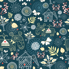seamless graphic floral pattern with elephants on a dark blue background
