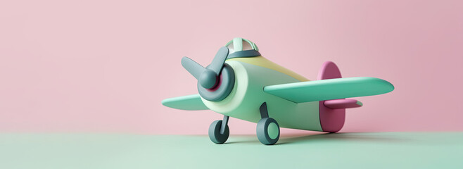 An illustration of a toy plane resting on a pale green background, in a colorful style with light green, light pink, and teal colors. Generative AI
