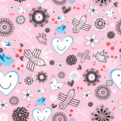 Naklejka premium Seamless pattern with cheerful birds and hearts on a pink background