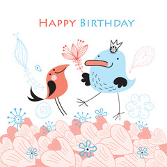 Greeting card with funny birds in the background with hearts