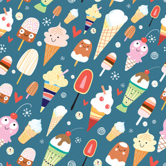 seamless pattern of bright ice cream on a dark blue background
