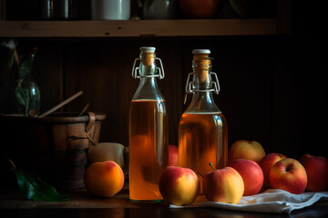 Apple cider bottled after process of fermentation. Home-brewing. Generative AI