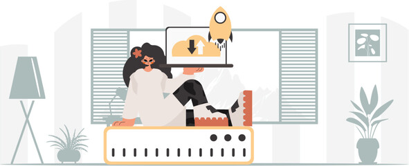 Synchronization and security of data capacity concept. The energized woman is holding a data cloud and a server. Trendy style, Vector Illustration