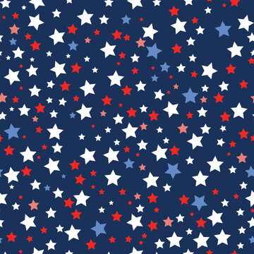 Patriotic colorful stars vector seamless pattern in red, blue and white colors on blue background. 4th of July design. American Independence day vector background.