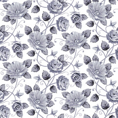 Blue grey roses vector background, repeating seamless pattern isolated on white.