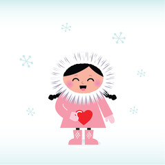 Little happy eskimo girl holding heart. Vector